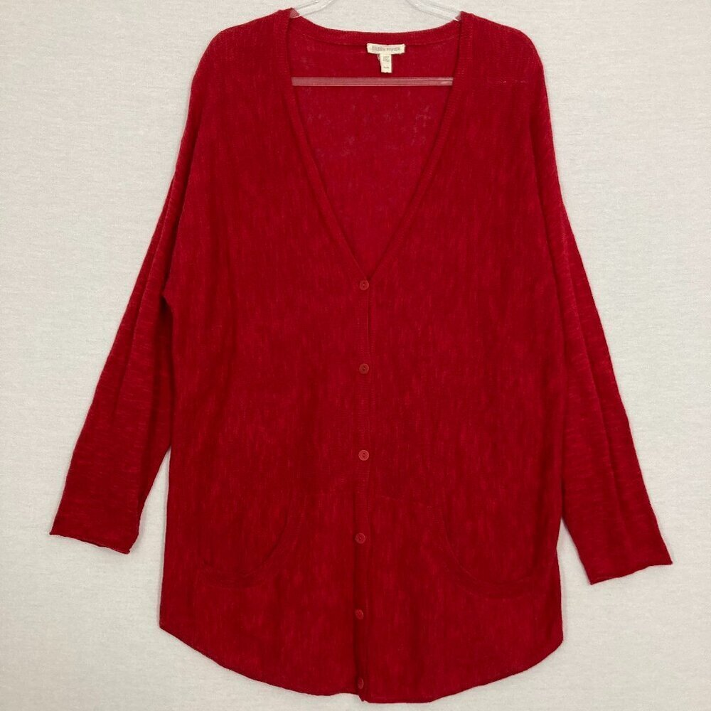 Eileen Fisher Red Long‎ Button Stretch Knit Lightweight Cardigan size Medium